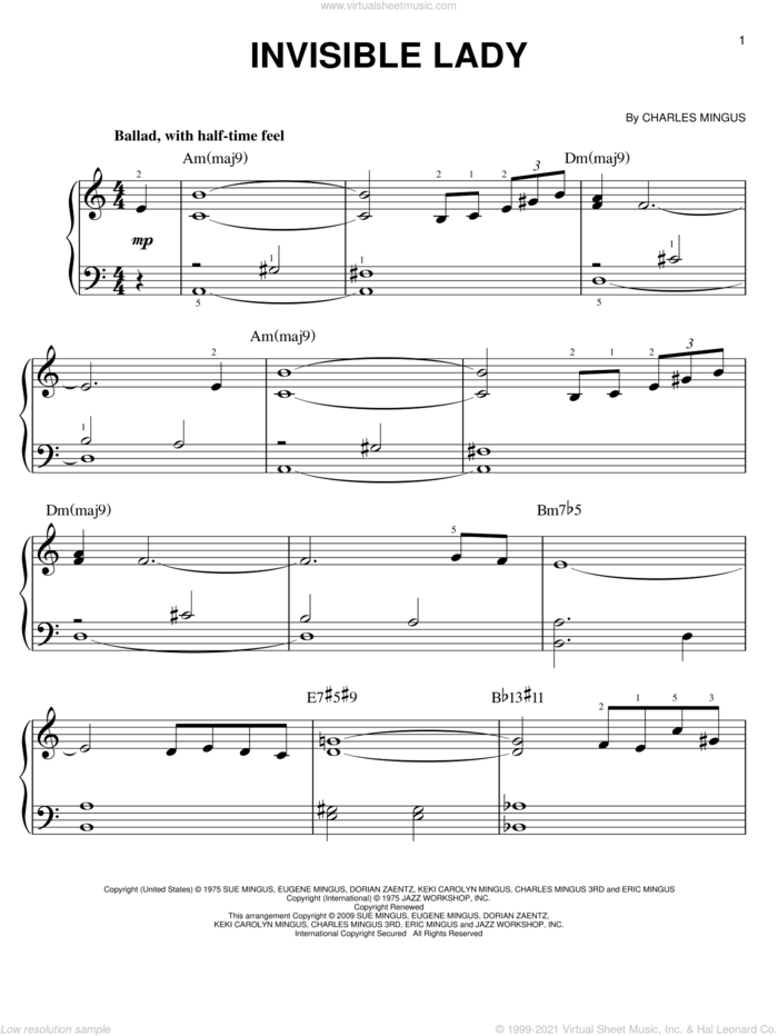 Invisible Lady sheet music for piano solo by Charles Mingus, easy skill level