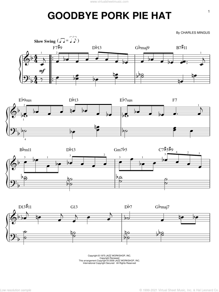 Goodbye Pork Pie Hat, (easy) sheet music for piano solo by Charles Mingus, easy skill level