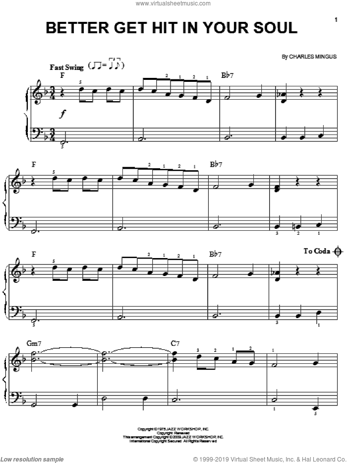 Better Get Hit In Your Soul sheet music for piano solo by Charles Mingus, easy skill level