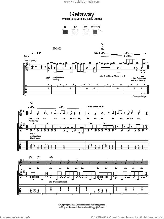 Getaway sheet music for guitar (tablature) by Stereophonics, intermediate skill level