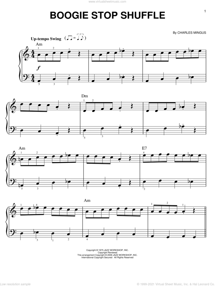 Boogie Stop Shuffle sheet music for piano solo by Charles Mingus, easy skill level