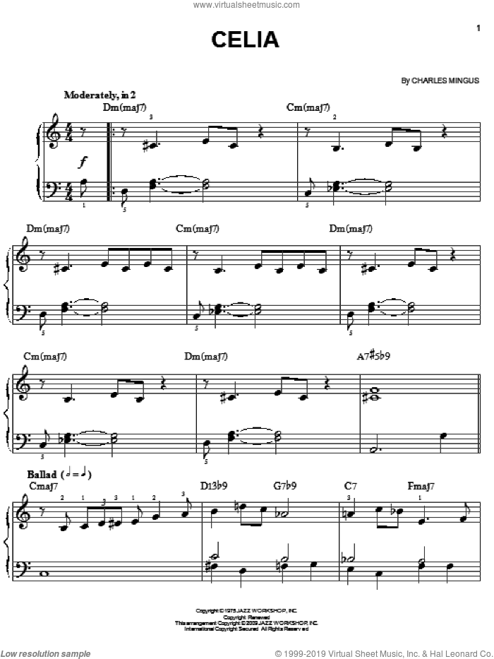 Celia sheet music for piano solo by Charles Mingus, easy skill level