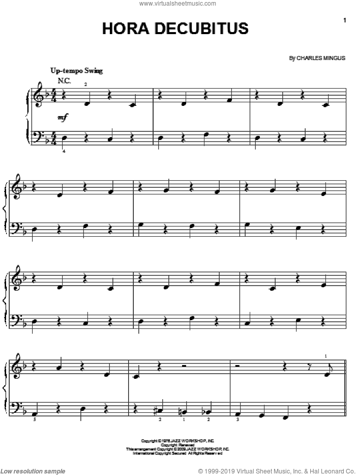 Hora Decubitus sheet music for piano solo by Charles Mingus, easy skill level