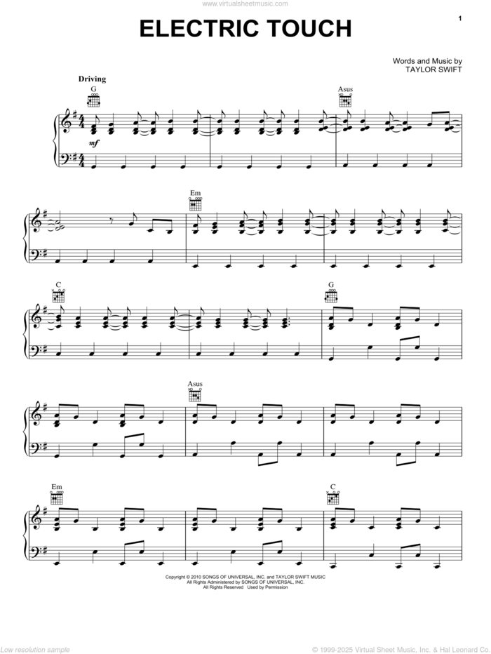 Electric Touch (feat. Fall out Boy) (Taylor's Version) (From The Vault) sheet music for voice, piano or guitar by Taylor Swift and Fall Out Boy, intermediate skill level