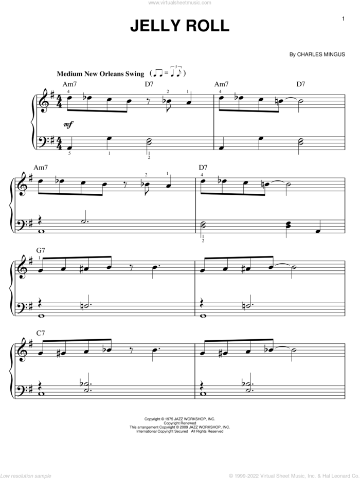Jelly Roll sheet music for piano solo by Charles Mingus, easy skill level
