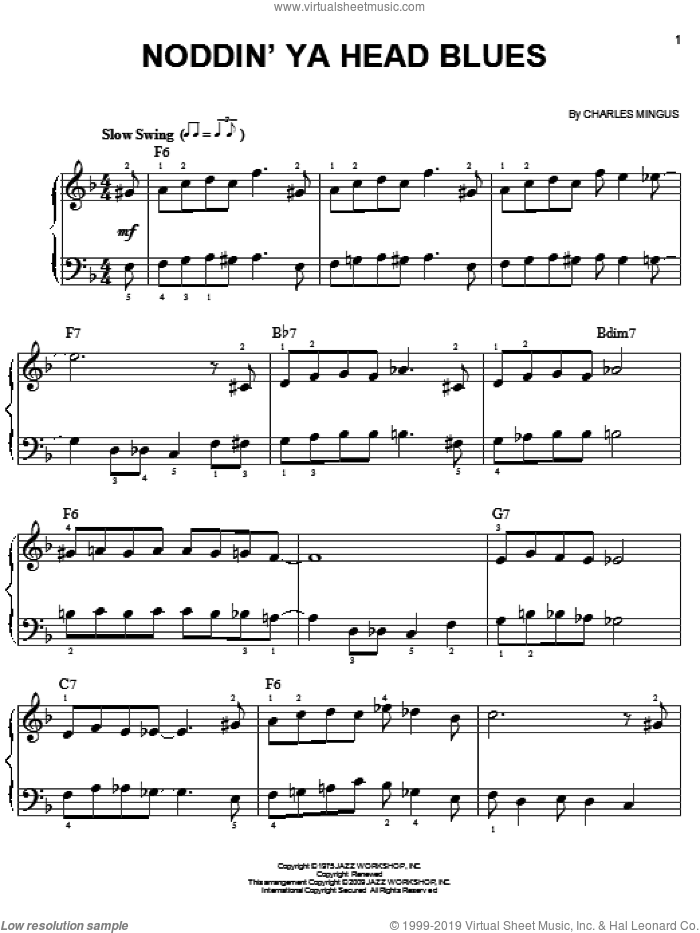 Noddin' Ya Head Blues sheet music for piano solo by Charles Mingus, easy skill level