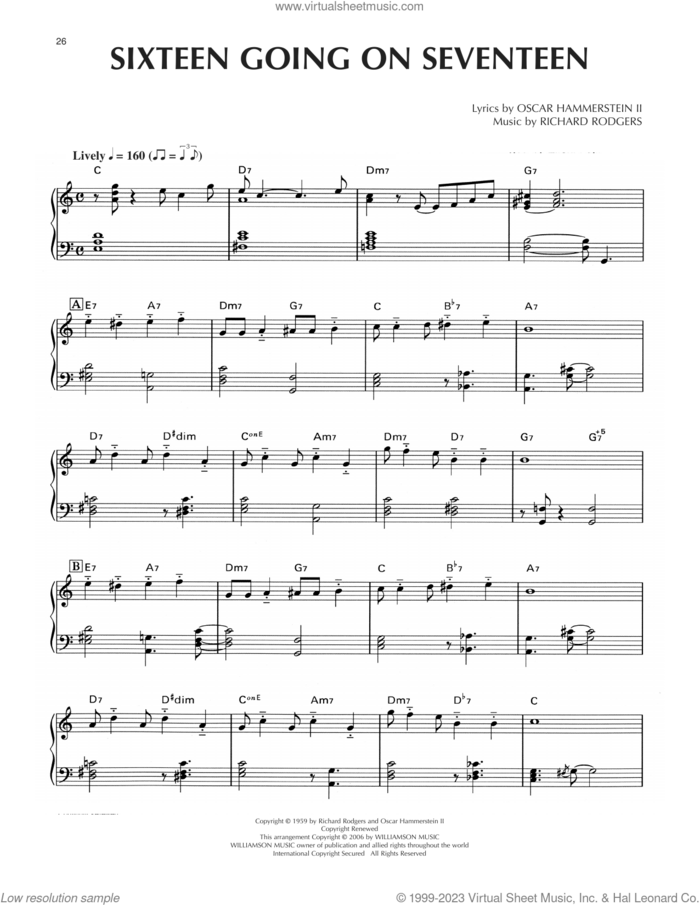 Sixteen Going On Seventeen [Jazz version] (from The Sound Of Music) sheet music for piano solo by Rodgers & Hammerstein, Oscar II Hammerstein and Richard Rodgers, intermediate skill level