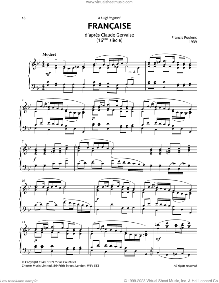 Francaise D'Apres Claude Gervaise (16eme Siecle) sheet music for piano solo by Francis Poulenc, classical score, intermediate skill level