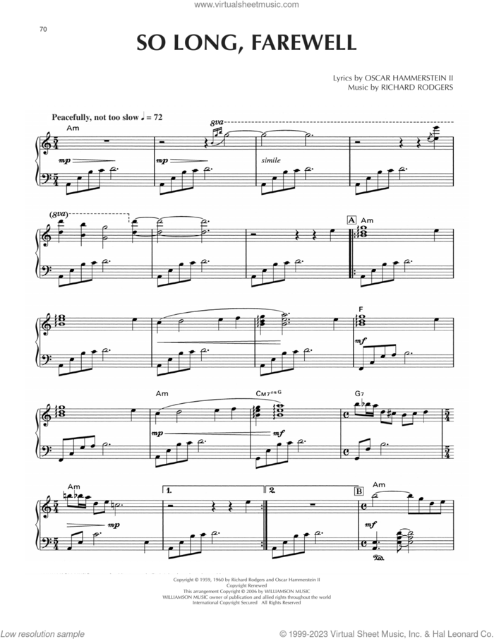 So Long, Farewell [Jazz version] (from The Sound Of Music) sheet music for piano solo by Rodgers & Hammerstein, Oscar II Hammerstein and Richard Rodgers, intermediate skill level