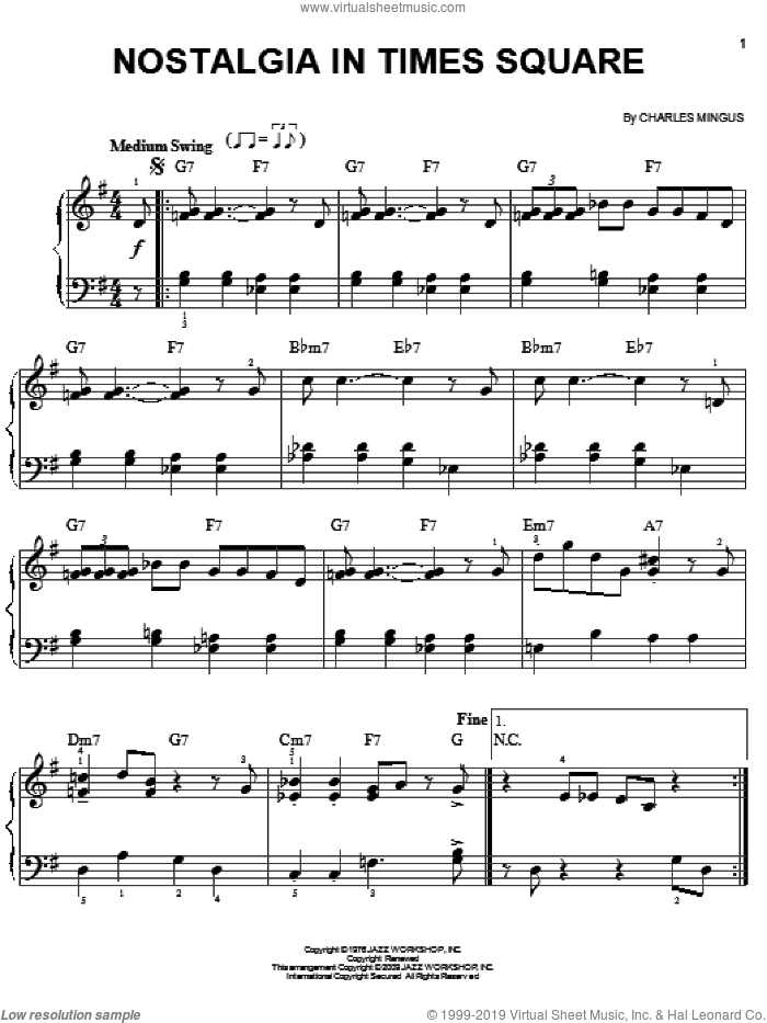 Nostalgia In Times Square sheet music for piano solo by Charles Mingus, easy skill level