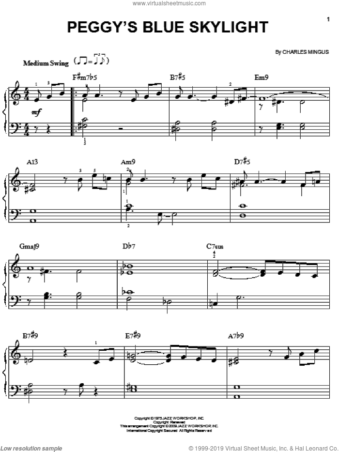 Peggy's Blue Skylight sheet music for piano solo by Charles Mingus, easy skill level