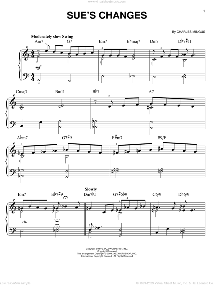 Sue's Changes sheet music for piano solo by Charles Mingus, easy skill level