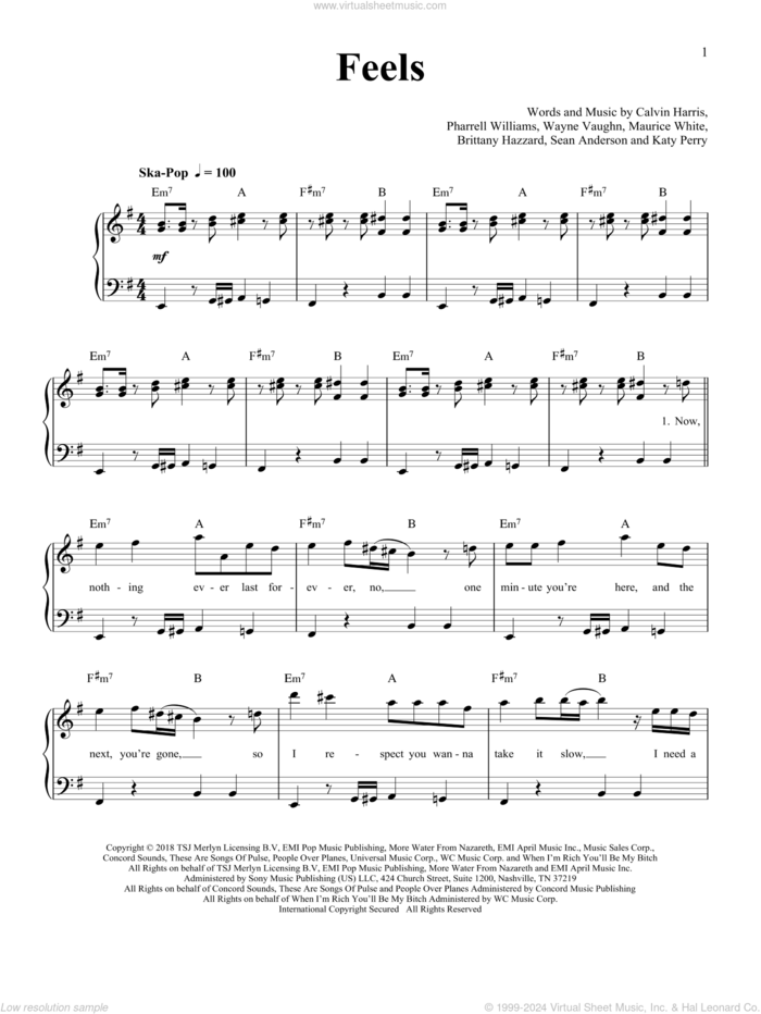 Feels (feat. Pharrell Williams, Katy Perry and Big Sean), (easy) sheet music for piano solo by Calvin Harris, Brittany Hazzard, Katy Perry, Maurice White, Pharrell Williams, Sean Anderson and Wayne Vaughn, easy skill level