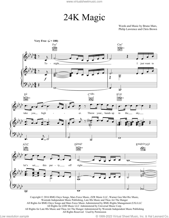 24K Magic sheet music for voice, piano or guitar by Bruno Mars, Chris Brown and Philip Lawrence, intermediate skill level