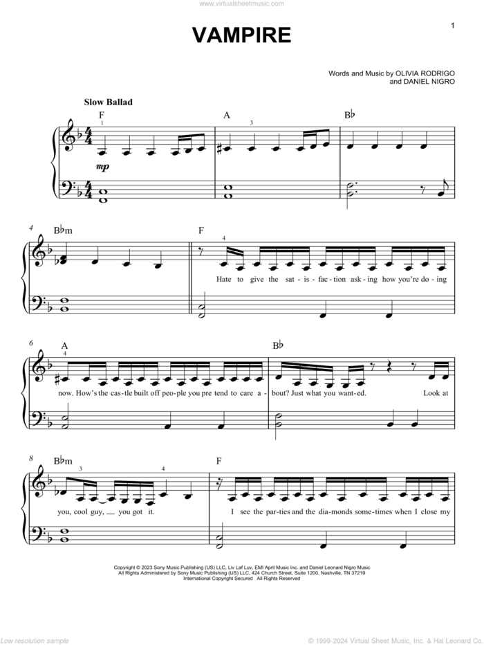 vampire, (easy) sheet music for piano solo by Olivia Rodrigo and Daniel Nigro, easy skill level