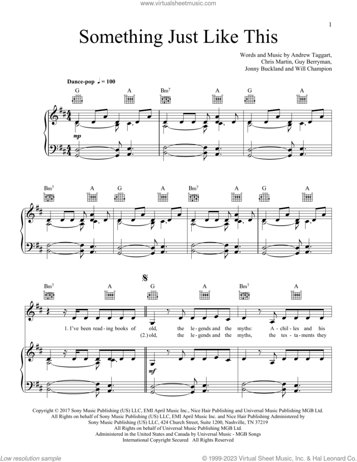 Something Just Like This sheet music for voice, piano or guitar by The Chainsmokers & Coldplay, Andrew Taggart, Chris Martin, Guy Berryman, Jonny Buckland and Will Champion, intermediate skill level
