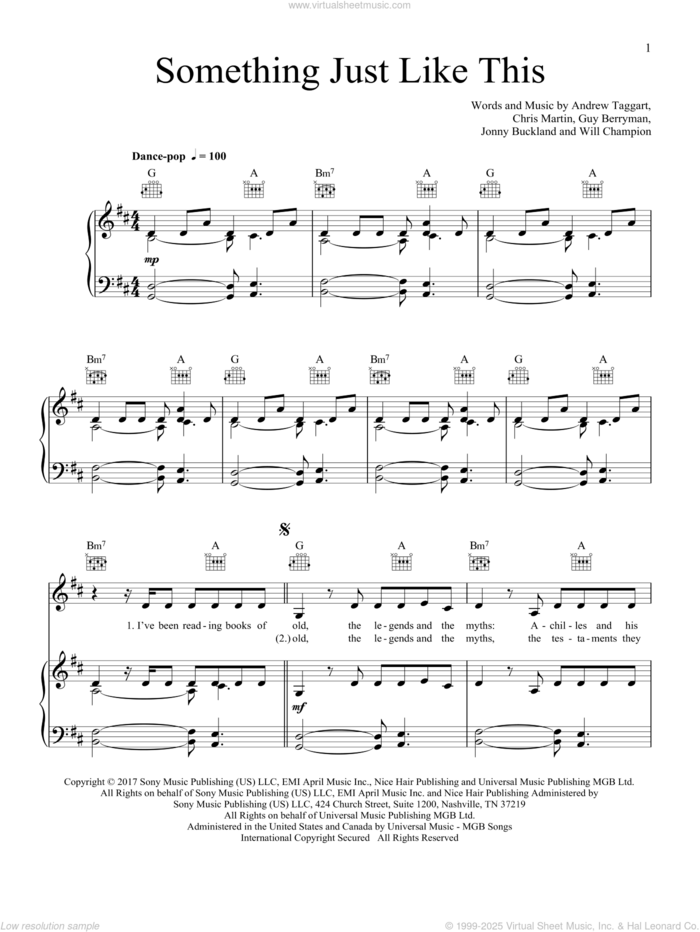 Something Just Like This sheet music for voice, piano or guitar by The Chainsmokers & Coldplay, Andrew Taggart, Chris Martin, Guy Berryman, Jonny Buckland and Will Champion, intermediate skill level