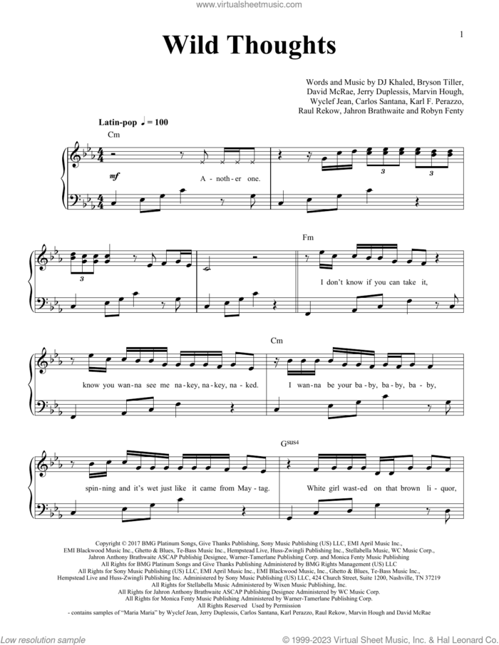 Wild Thoughts (feat. Rihanna and Bryson Tiller) sheet music for piano solo by DJ Khaled, Bryson Tiller, Carlos Santana, David McRae, Jahron Brathwaite, Jerry Duplessis, Karl F. Perazzo, Marvin Hough, Raul Rekow, Robyn Fenty and Wyclef Jean, easy skill level