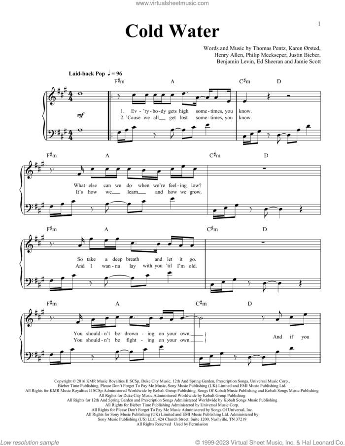 Cold Water (feat. Justin Bieber and MAu) sheet music for piano solo by Major Lazer, Benjamin Levin, Ed Sheeran, Henry Allen, Jamie Scott, Justin Bieber, Karen Orsted, Philip Meckseper and Thomas Wesley Pentz, easy skill level