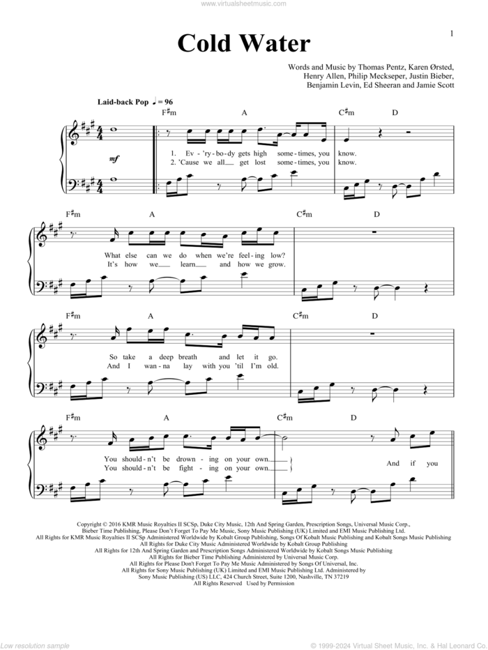 Cold Water (feat. Justin Bieber and MAu) sheet music for piano solo by Major Lazer, Benjamin Levin, Ed Sheeran, Henry Allen, Jamie Scott, Justin Bieber, Karen Orsted, Philip Meckseper and Thomas Wesley Pentz, easy skill level