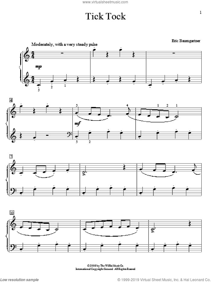 Tick Tock sheet music for piano solo (elementary) by Eric Baumgartner, classical score, beginner piano (elementary)