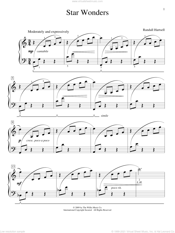 Star Wonders sheet music for piano solo (elementary) by Randall Hartsell, beginner piano (elementary)
