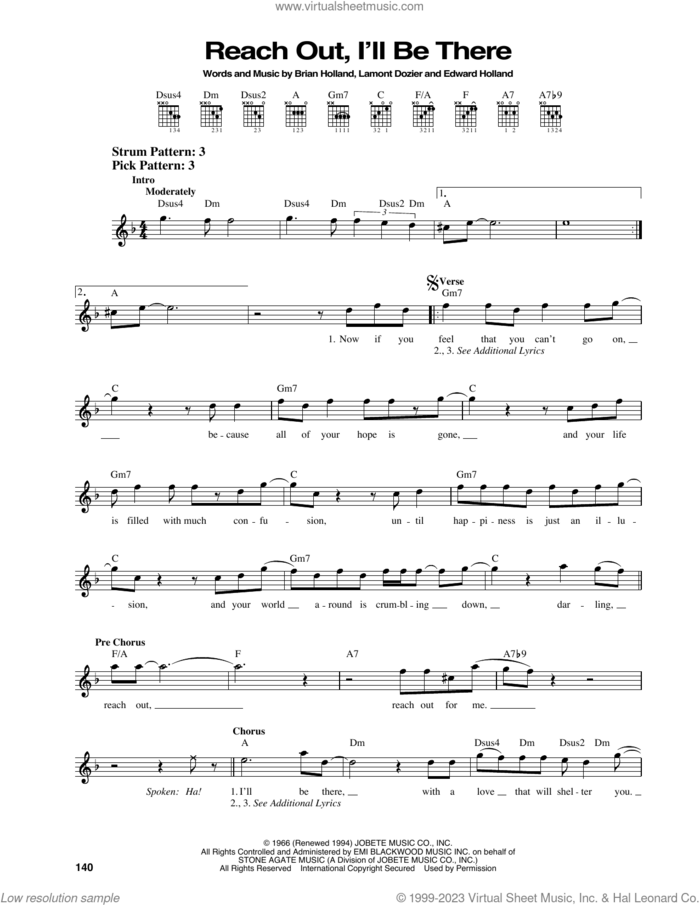 Reach Out I'll Be There sheet music for guitar solo (chords) by The Four Tops, Brian Holland, Edward Holland Jr. and Lamont Dozier, easy guitar (chords)
