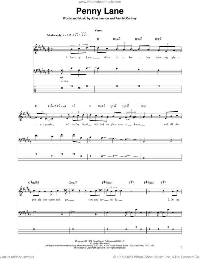 Penny Lane sheet music for bass (tablature) (bass guitar) by The Beatles, John Lennon and Paul McCartney, intermediate skill level
