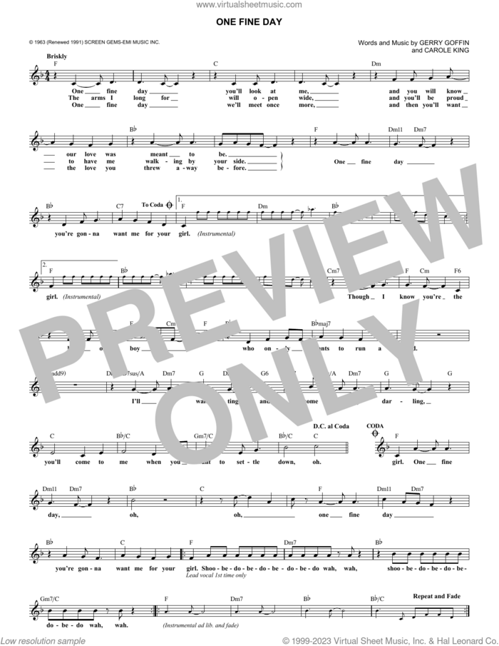 One Fine Day sheet music for voice and other instruments (fake book) by The Chiffons, Carole King and Gerry Goffin, intermediate skill level