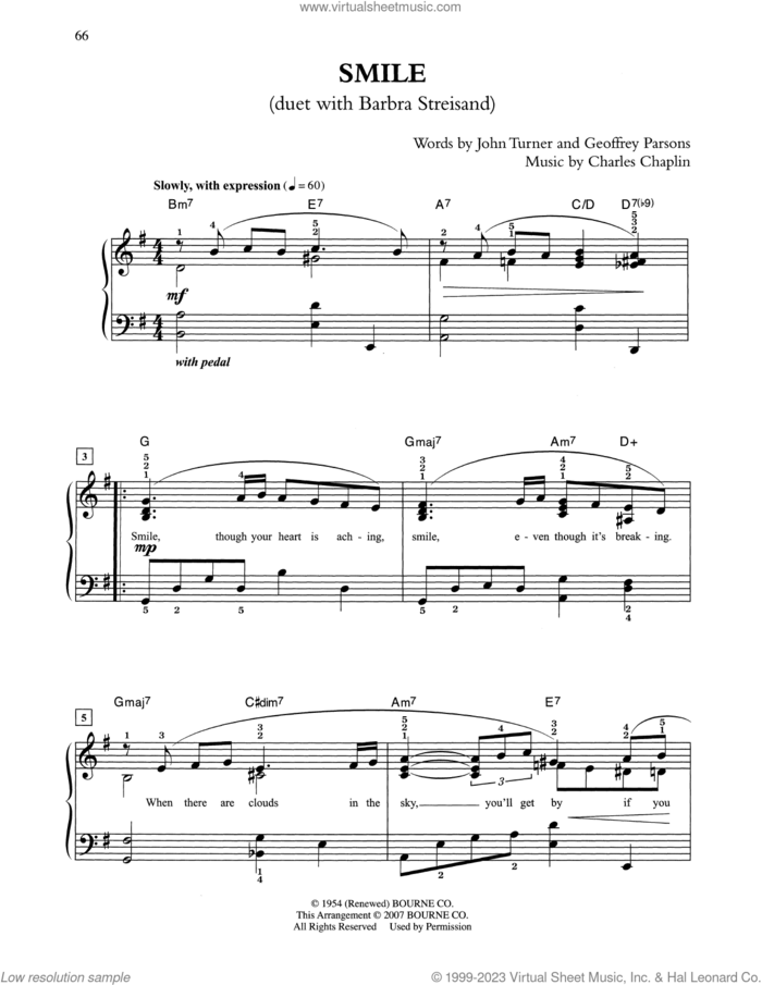 Smile sheet music for piano solo by Charlie Chaplin, Charles Chaplin, Geoffrey Parsons and John Turner, easy skill level