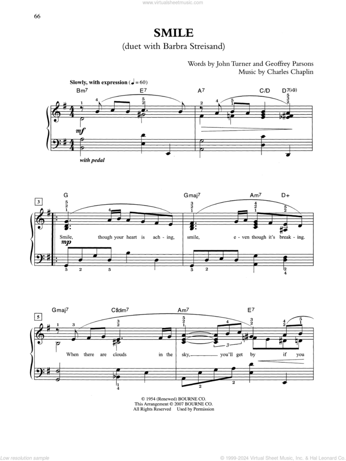 Smile sheet music for piano solo by Charlie Chaplin, Charles Chaplin, Geoffrey Parsons and John Turner, easy skill level