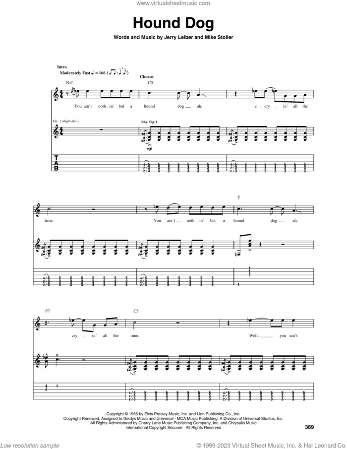 Hound Dog sheet music for guitar (tablature) by Elvis Presley, Jerry Leiber and Mike Stoller, intermediate skill level