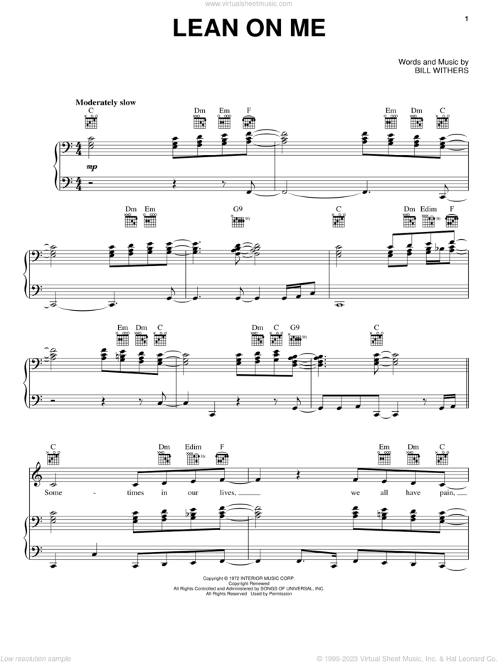 Lean On Me sheet music for voice, piano or guitar by Bill Withers and Miscellaneous, intermediate skill level