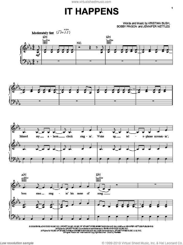 It Happens sheet music for voice, piano or guitar by Sugarland, Bobby Pinson, Jennifer Nettles and Kristian Bush, intermediate skill level