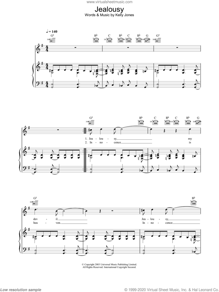 Jealousy sheet music for voice, piano or guitar by Stereophonics, intermediate skill level