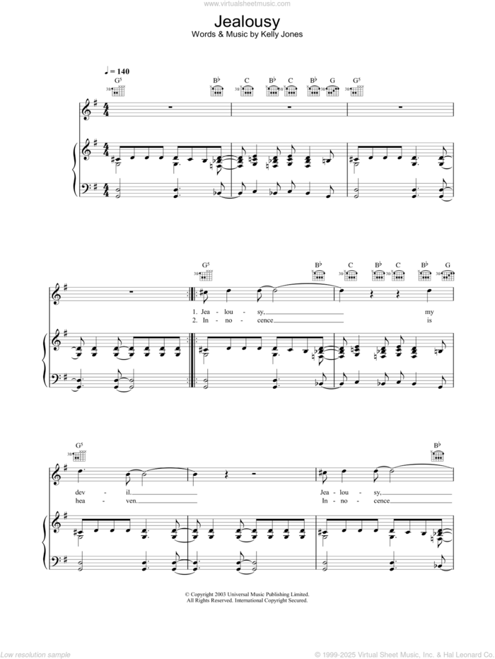 Jealousy sheet music for voice, piano or guitar by Stereophonics, intermediate skill level