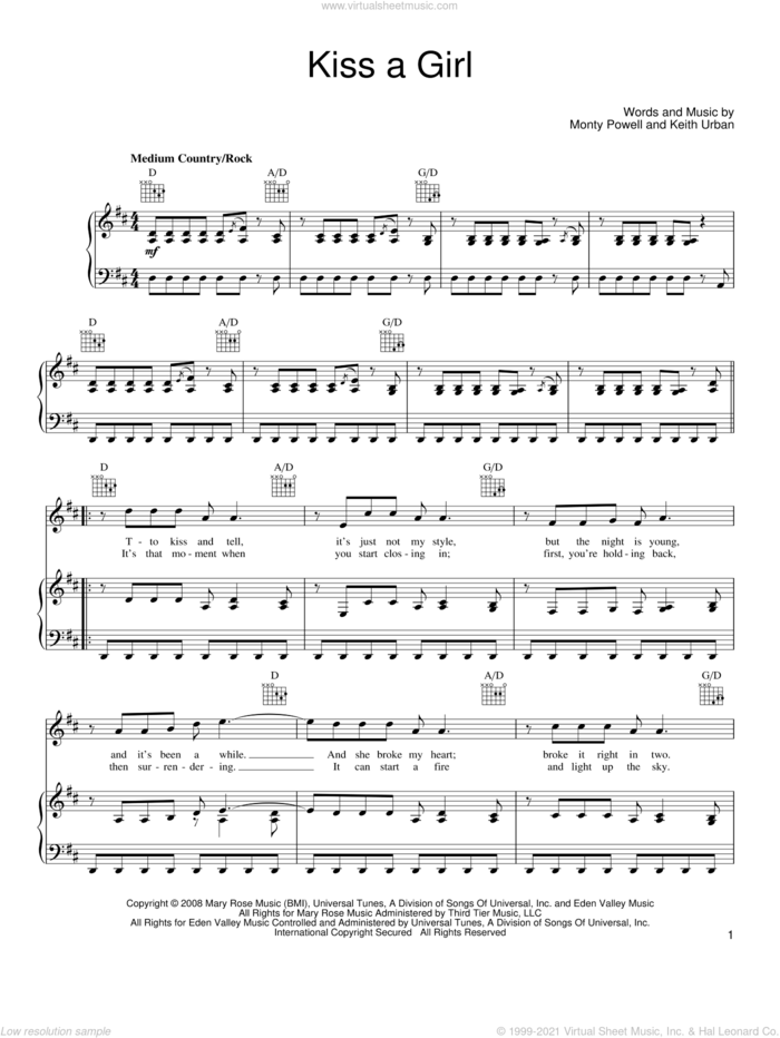 Kiss A Girl sheet music for voice, piano or guitar by Keith Urban and Monty Powell, intermediate skill level