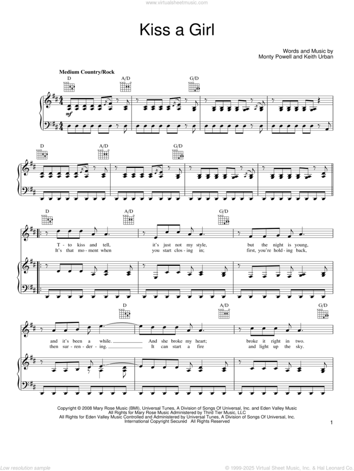 Kiss A Girl sheet music for voice, piano or guitar by Keith Urban and Monty Powell, intermediate skill level