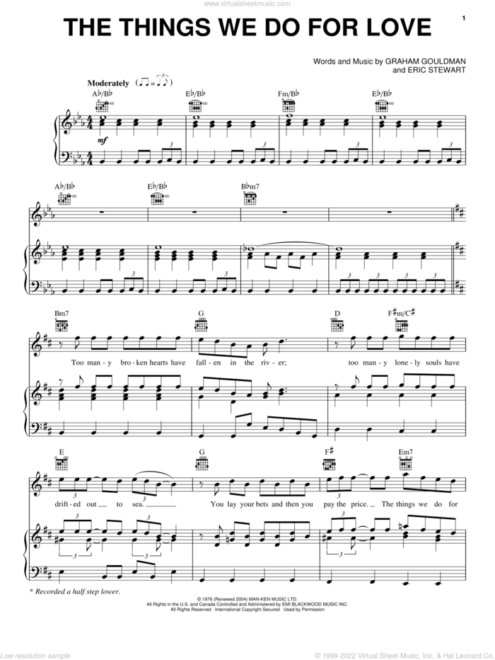 Things We Do For Love sheet music for voice, piano or guitar by Spectacular! (Movie), 10Cc, Amy Grant, Eric Stewart and Graham Gouldman, intermediate skill level