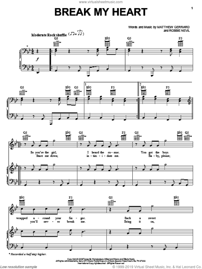 Break My Heart sheet music for voice, piano or guitar by Spectacular! (Movie), Matthew Gerrard and Robbie Nevil, intermediate skill level