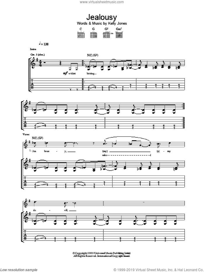 Jealousy sheet music for guitar (tablature) by Stereophonics, intermediate skill level