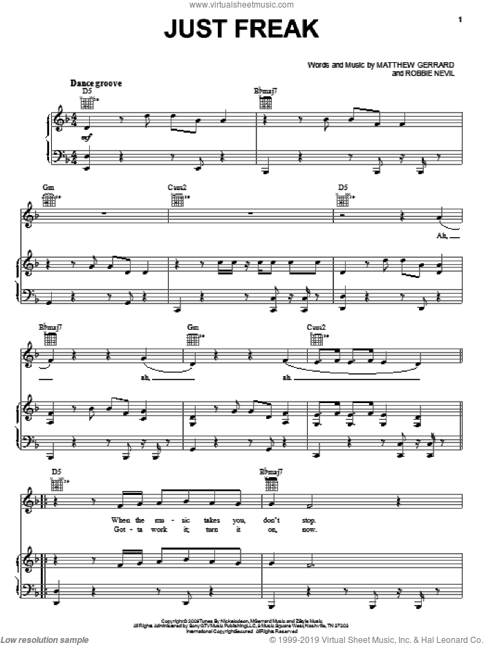 Just Freak sheet music for voice, piano or guitar by Spectacular! (Movie), Matthew Gerrard and Robbie Nevil, intermediate skill level