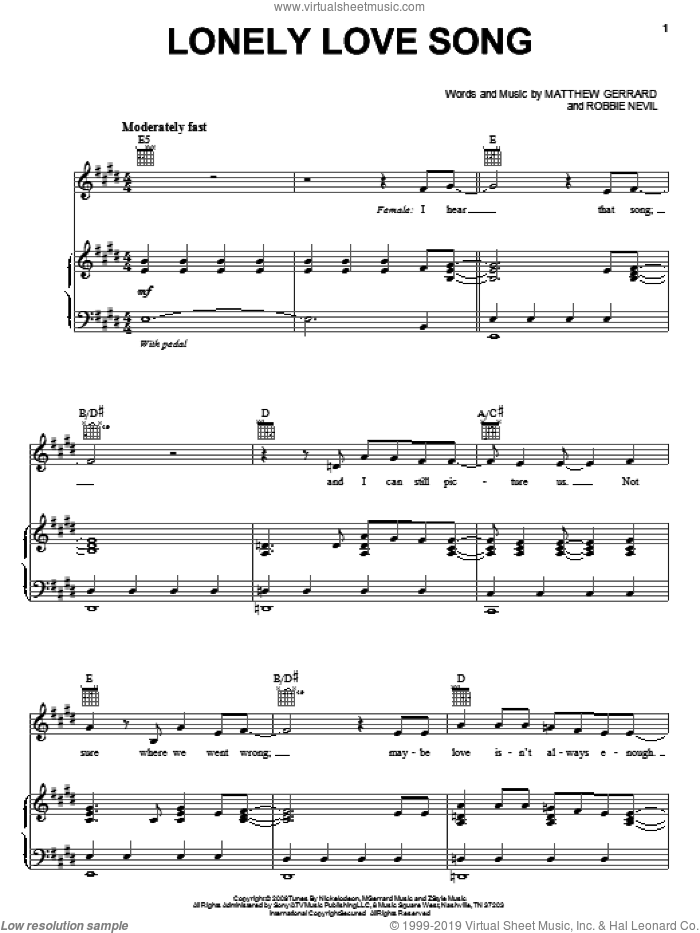 Lonely Love Song sheet music for voice, piano or guitar by Spectacular! (Movie), Matthew Gerrard and Robbie Nevil, intermediate skill level