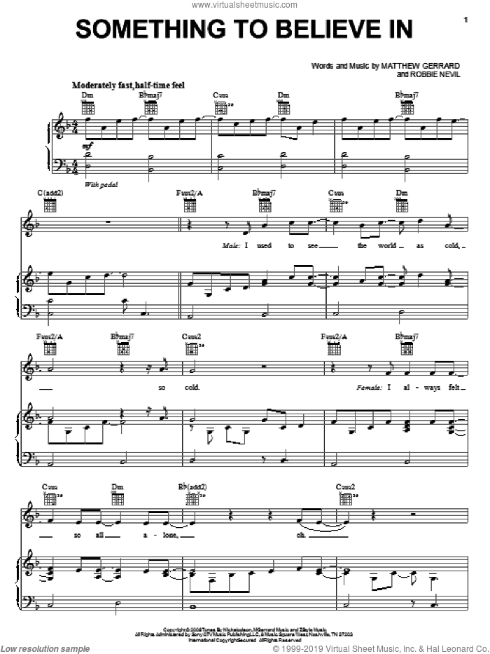 Something To Believe In sheet music for voice, piano or guitar by Spectacular! (Movie), Matthew Gerrard and Robbie Nevil, intermediate skill level