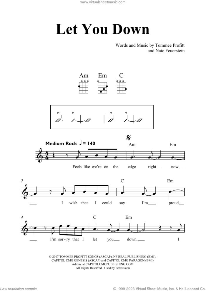 Let You Down sheet music for ukulele by NF, Nate Feuerstein and Tommee Profitt, intermediate skill level