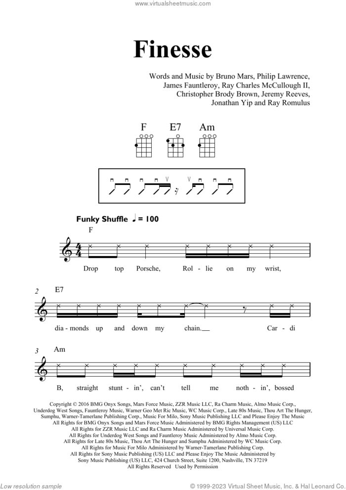Finesse sheet music for ukulele by Bruno Mars, Christopher Brody Brown, James Fauntleroy, Jeremy Reeves, Jonathan Yip, Philip Lawrence, Ray Charles McCullough II and Ray Romulus, intermediate skill level