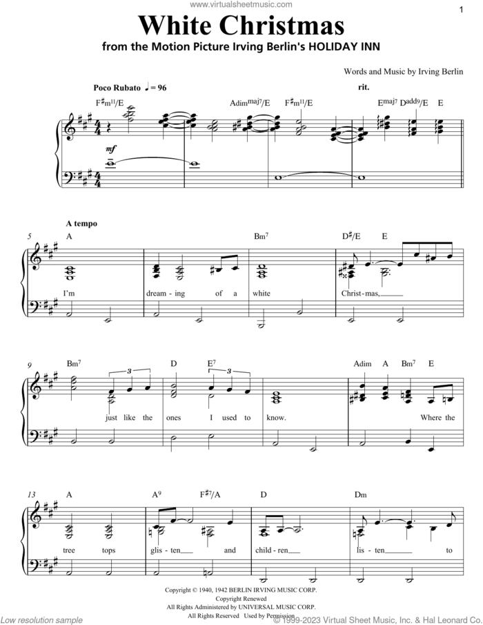 White Christmas, (easy) sheet music for piano solo by Irving Berlin, easy skill level