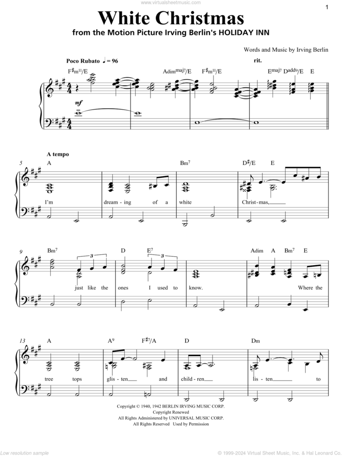 White Christmas, (easy) sheet music for piano solo by Irving Berlin, easy skill level