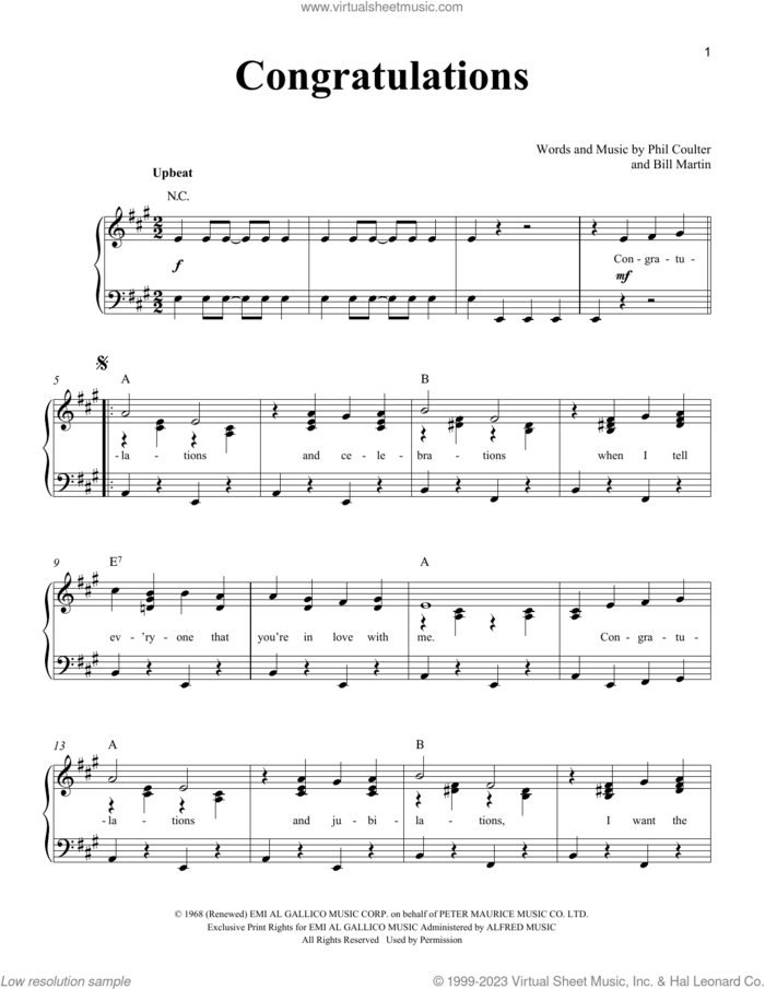 Congratulations sheet music for piano solo by Cliff Richard, Bill Martin and Phil Coulter, easy skill level