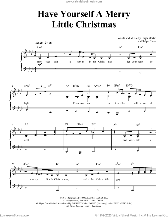 Have Yourself A Merry Little Christmas, (easy) sheet music for piano solo by Frank Sinatra, Hugh Martin and Ralph Blane, easy skill level